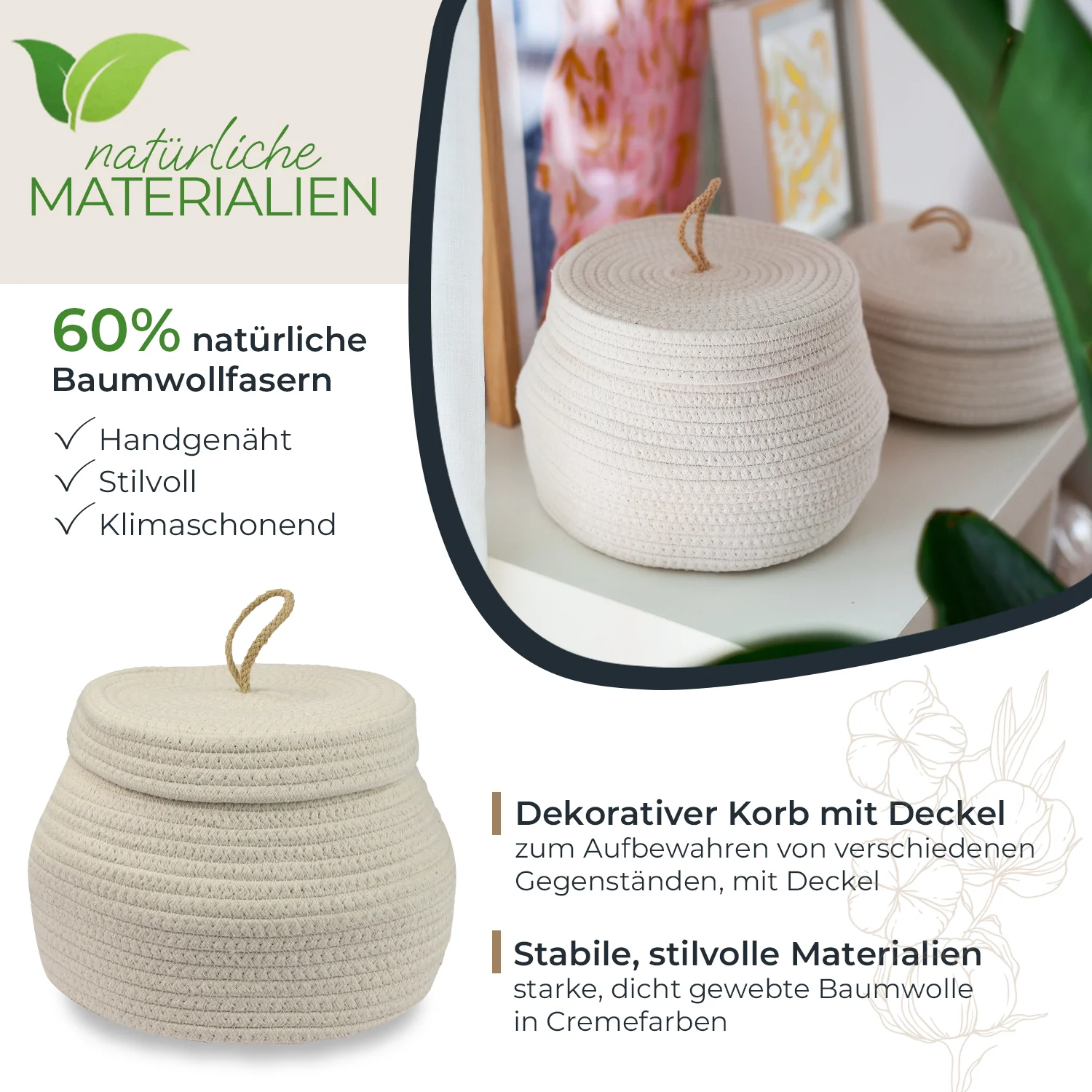 Aufbewahrungskorb Badezimmer rund, Korb mit Deckel aus Baumwolle, HMF 39031, Creme - Image 11
