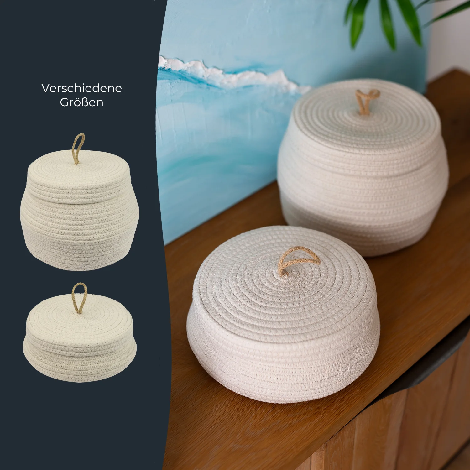 Aufbewahrungskorb Badezimmer rund, Korb mit Deckel aus Baumwolle, HMF 39031, Creme - Image 18
