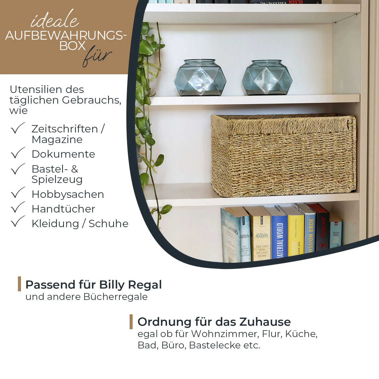 Aufbewahrungskorb geflochten aus Seegras passend für Billy Regal, HMF 37049, 35 x 25 x 20 cm - Image 3
