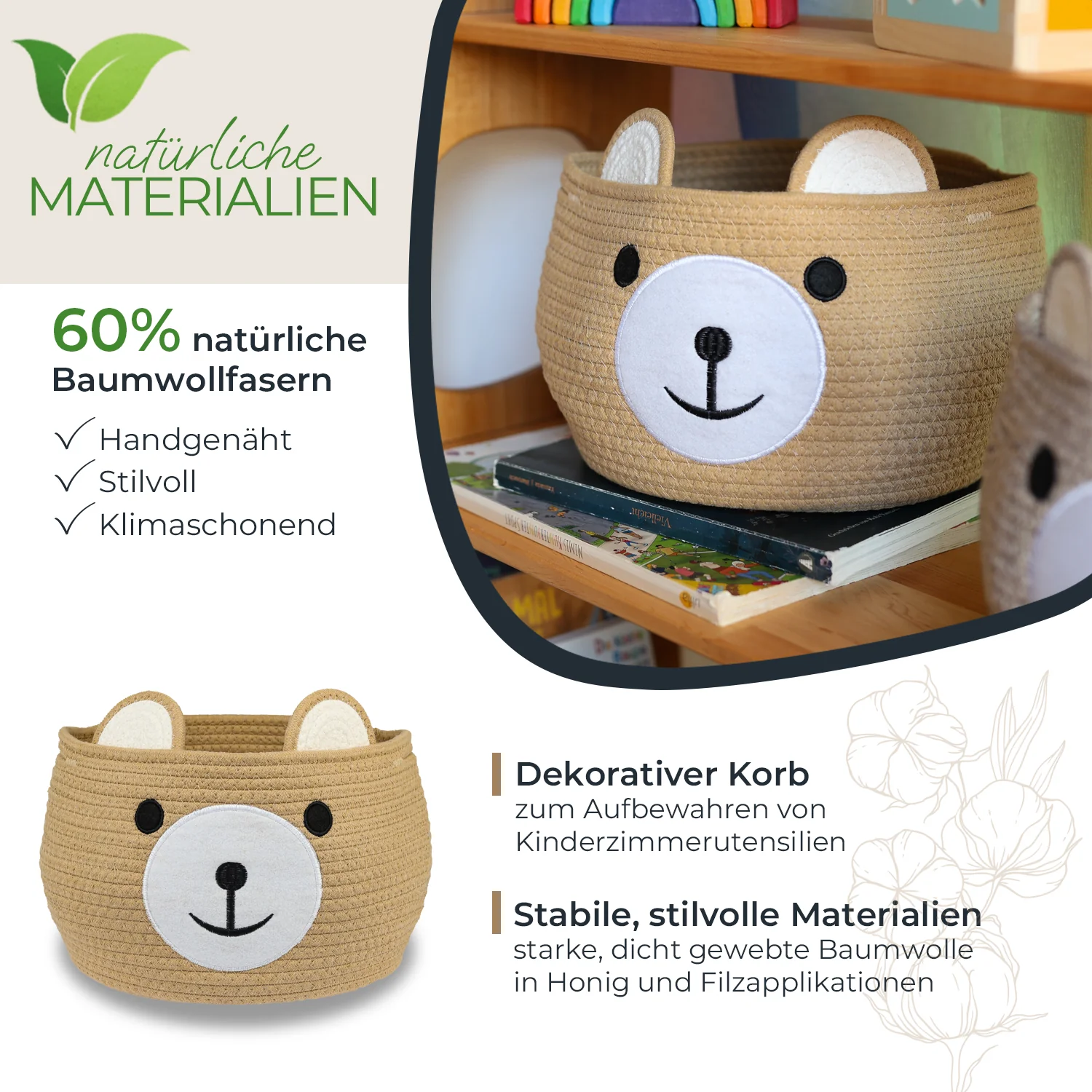 Aufbewahrungskorb mit versteckten Griffen, Korb für Kinderzimmer aus Baumwolle, Bär, HMF 39021, 30 x 24 cm - Image 11