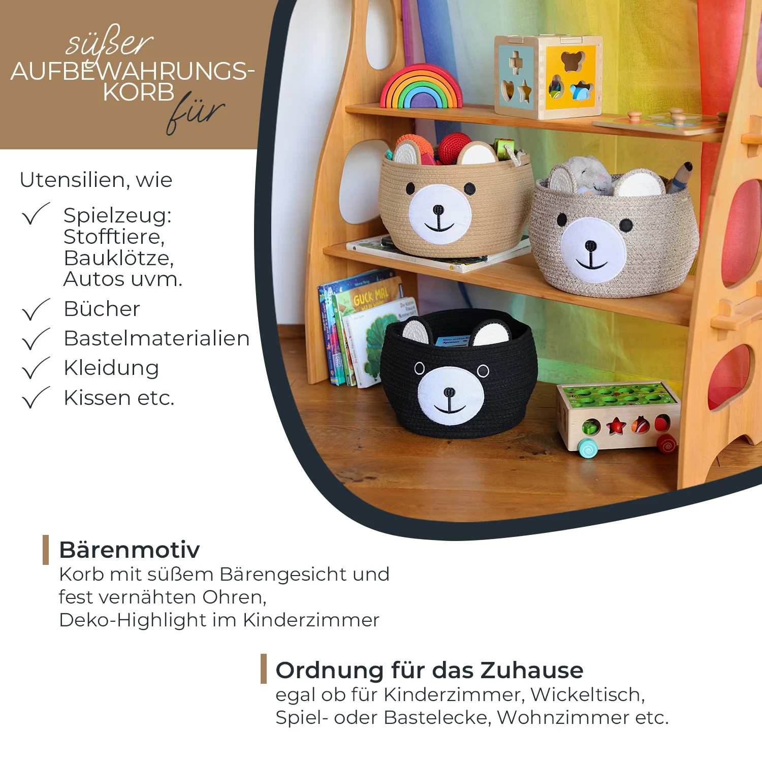 Aufbewahrungskorb mit versteckten Griffen, Korb für Kinderzimmer aus Baumwolle, Bär, HMF 39021, 30 x 24 cm - Image 3