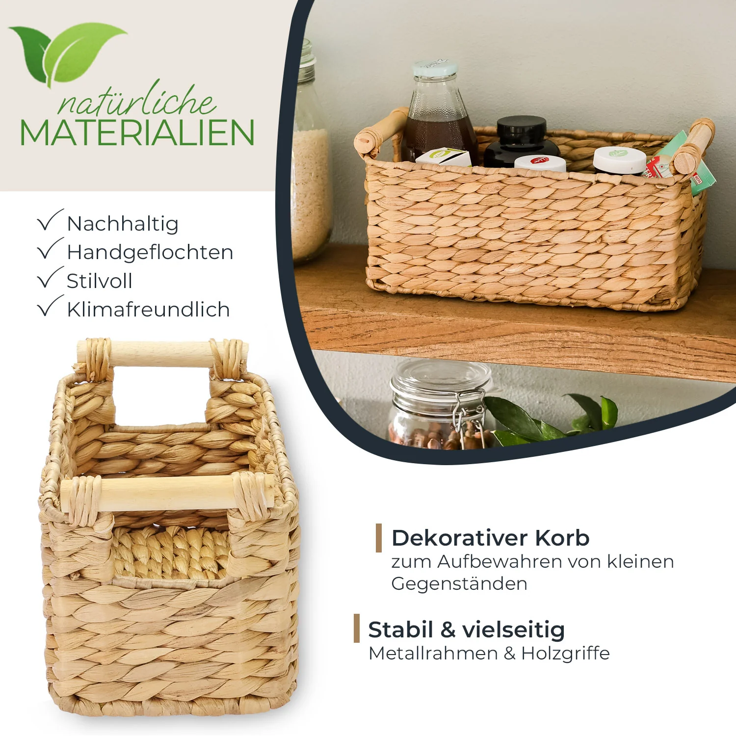 Aufbewahrungskorb geflochten aus Wasserhyazinthe, dekorativer Korb mit Holzgriffen zur Aufbewahrung für Badezimmer, Wohnzimmer, Küche, HMF 37279 - Image 3