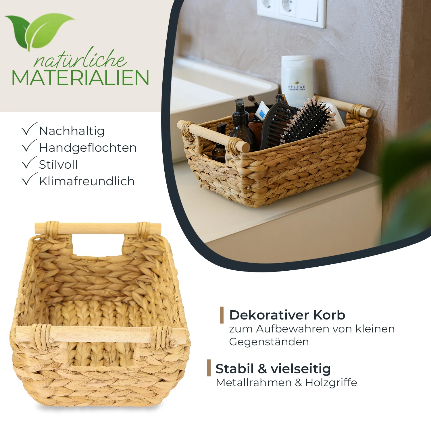 Aufbewahrungskorb geflochten aus Wasserhyazinthe, dekorativer Korb mit Holzgriffen zur Aufbewahrung für Badezimmer, Wohnzimmer, Küche HMF 37277 - Image 11