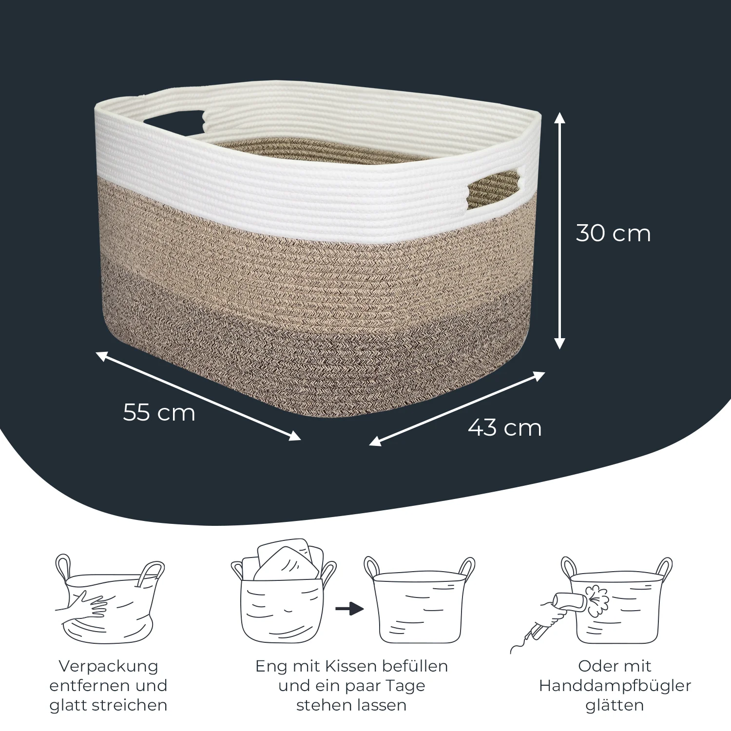 XXL Wäschekorb aus Baumwolle, eckiger Aufbewahrungskorb mit Griffen, HMF 39013-55CM-80, 55 x 43 x 30 cm, Weiß-Braun - Image 5
